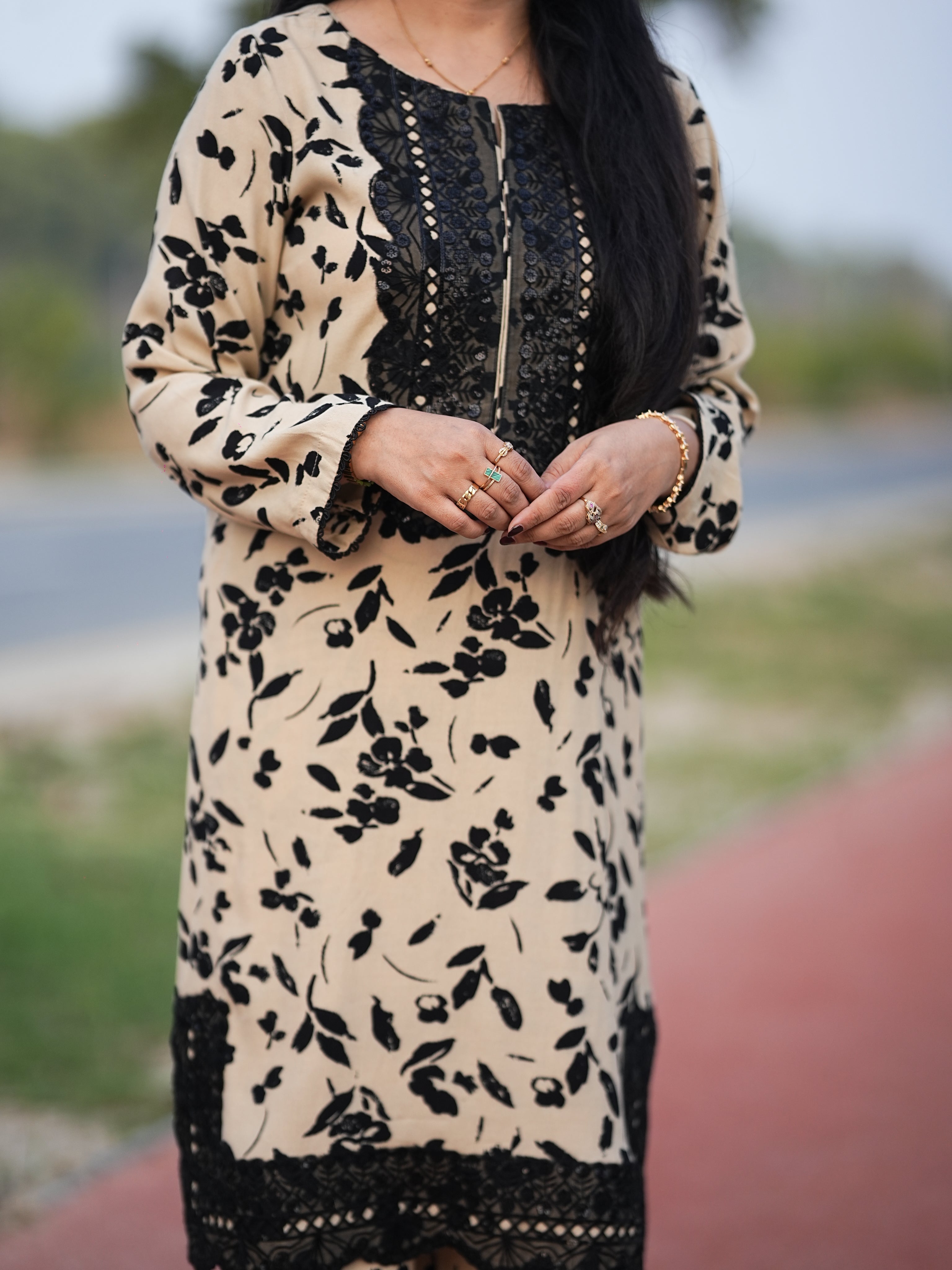 Beige & Black Floral Lace Detail 2 piece