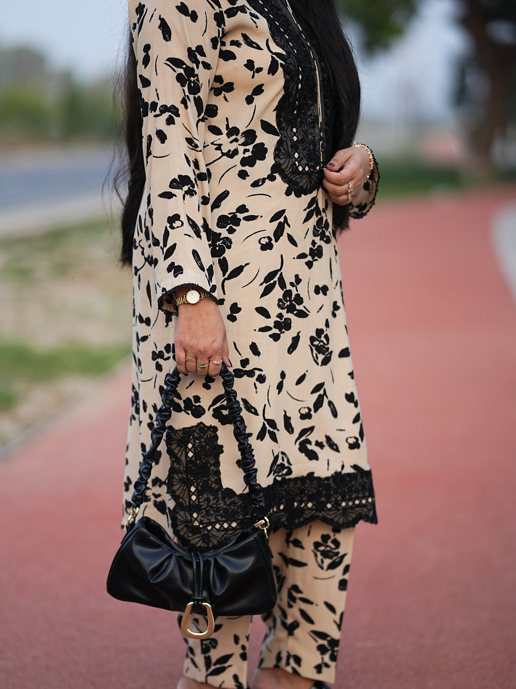 Beige & Black Floral Lace Detail 2 piece