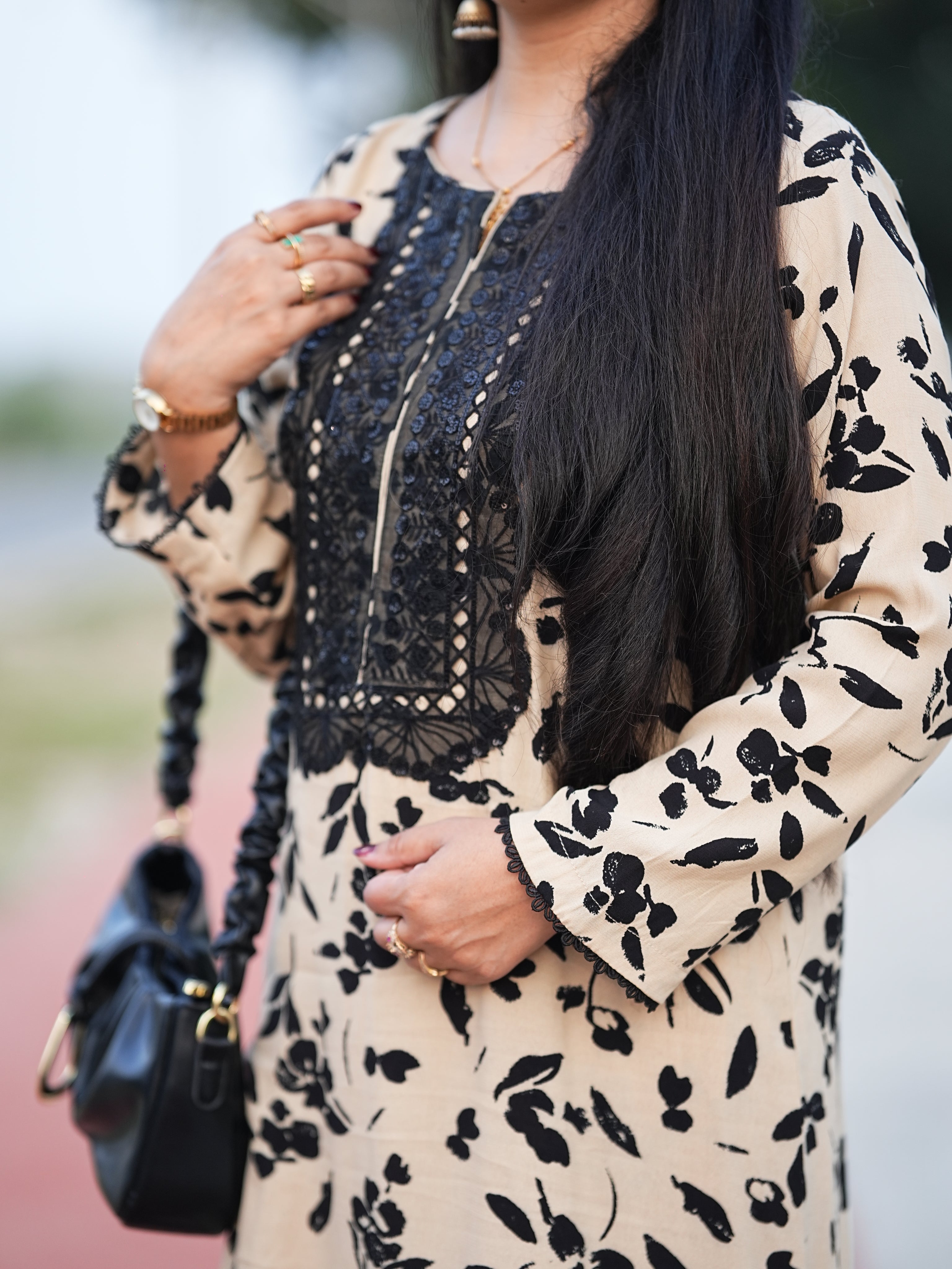 Beige & Black Floral Lace Detail 2 piece