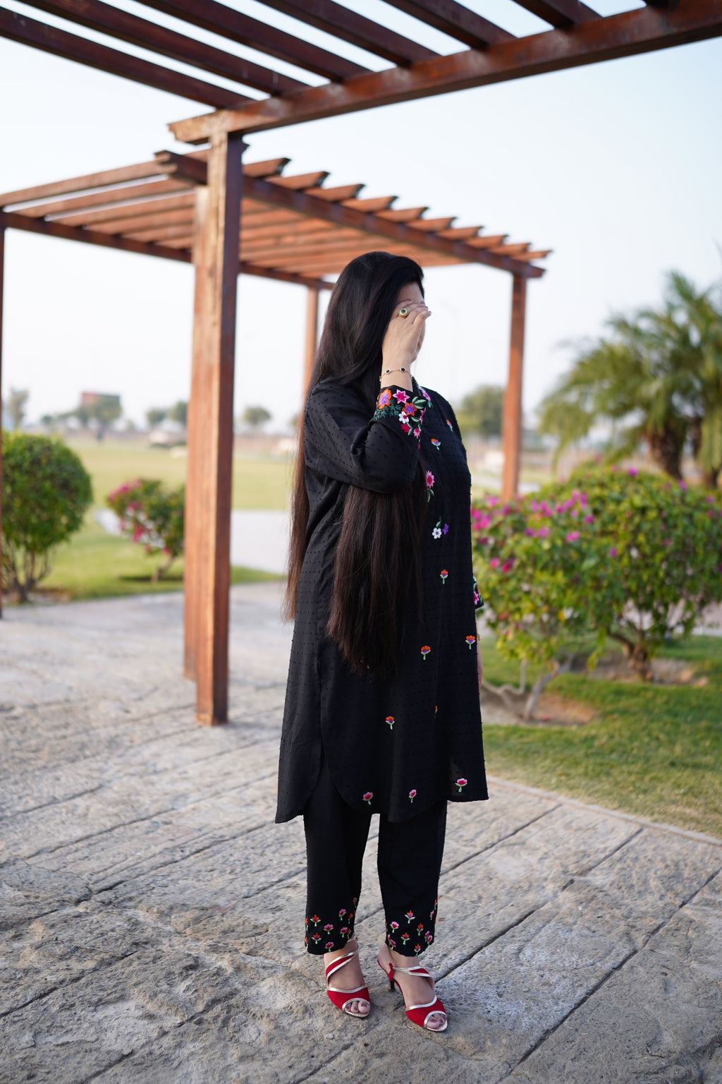 Classic Black Suit with Colorful Floral Embroidery 2 piece