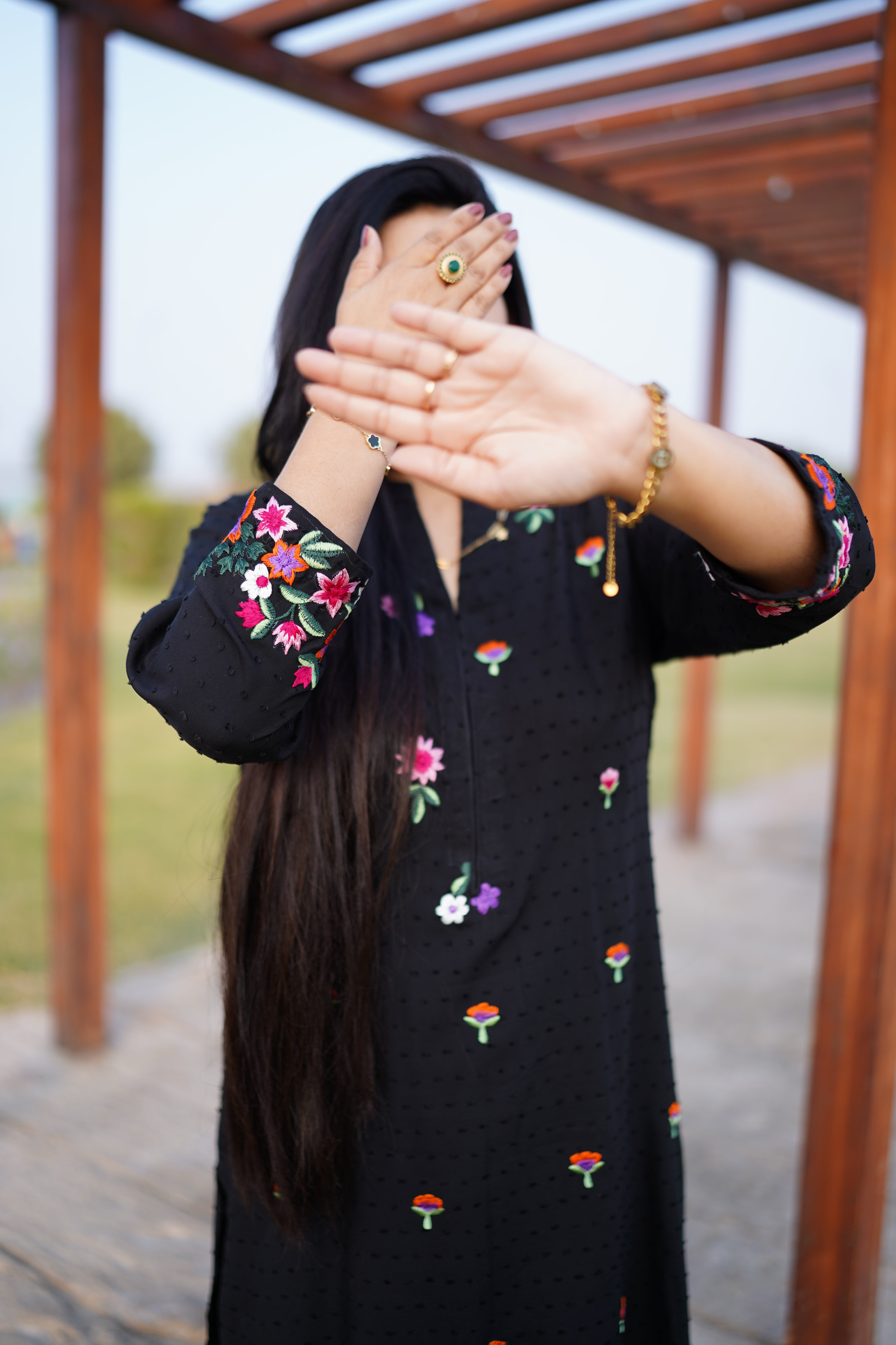 Classic Black Suit with Colorful Floral Embroidery 2 piece
